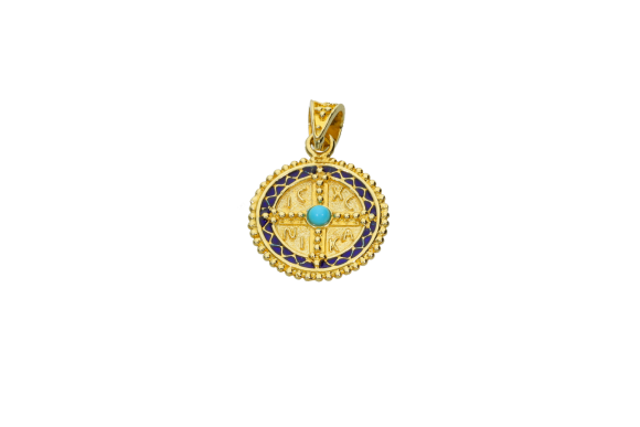 Κωνσταντινάτο σε χρυσό 14Κ με μπλε σμάλτο σε κύκλο και τυρκουάζ στο κέντρο