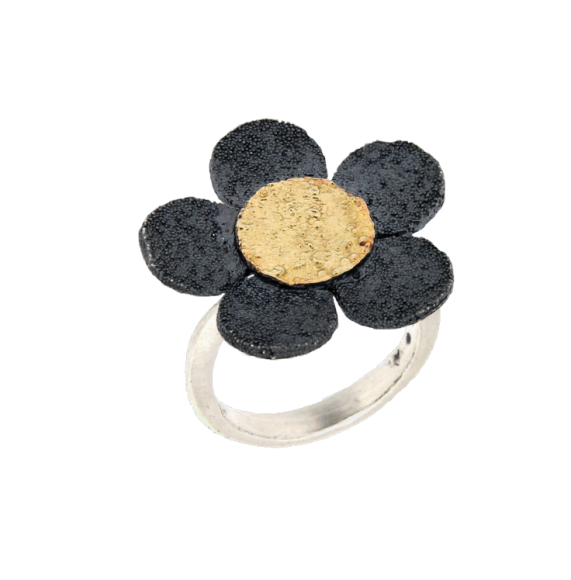 Δαχτυλίδι σε Ασήμι 925 & Χρυσό Κ18 Χειροποίητο Λουλούδι