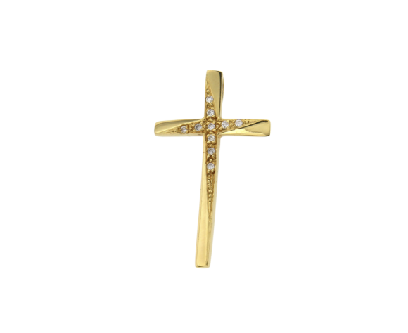 Βαπτιστικός Σταυρός για Κορίτσι σε Χρυσό 18Κ Ορθογώνιο Γυαλιστερό λοξό με Διαμάντια  
