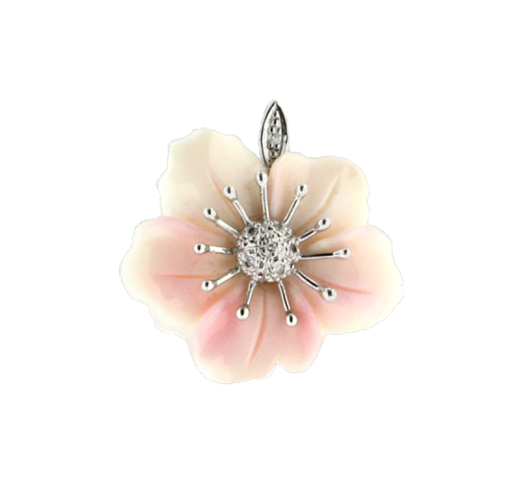 Μενταγιόν σε Λευκόχρυσο 18Κ Λουλούδι από Ροζ Όστρακο Καραϊβικής με Διαμάντια από τη συλλογή 