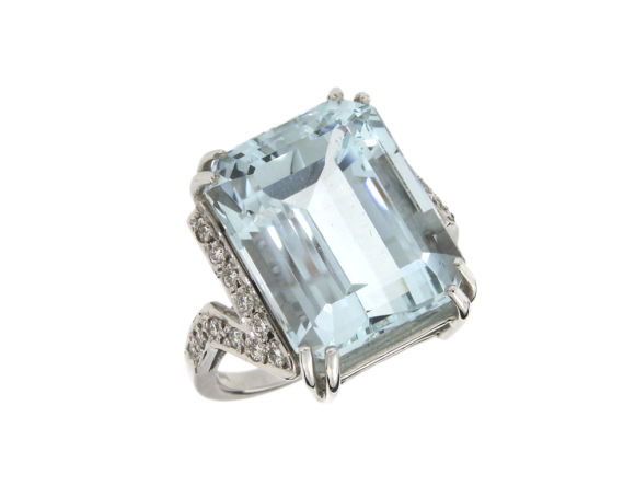 Δαχτυλίδι σε Λευκόχρυσο 18K Ορθογώνιο με Διαμάντια στο πλάι και Ακουμαρίνα 
