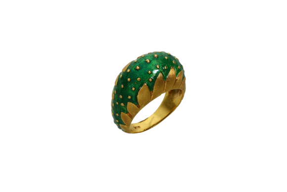 Δαχτυλίδι σε Χρυσό 18K Πομπέ με πράσινο σμάλτο βούλες και φύλλα χρυσά στα πλάγια