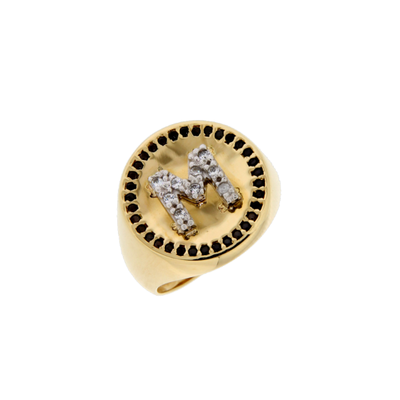 Δαχτυλίδι σε Δίχρωμο Χρυσό 14Κ Σεβαλιέ Στρόγγυλο Γυαλιστερό Μονόγραμμα  Μ με Ζιργκόν  