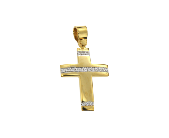 Βαπτιστικός Σταυρός για Κορίτσι σε Δίχρωμο Χρυσό 14K πομπέ με 3 σειρές ζιργκόν 