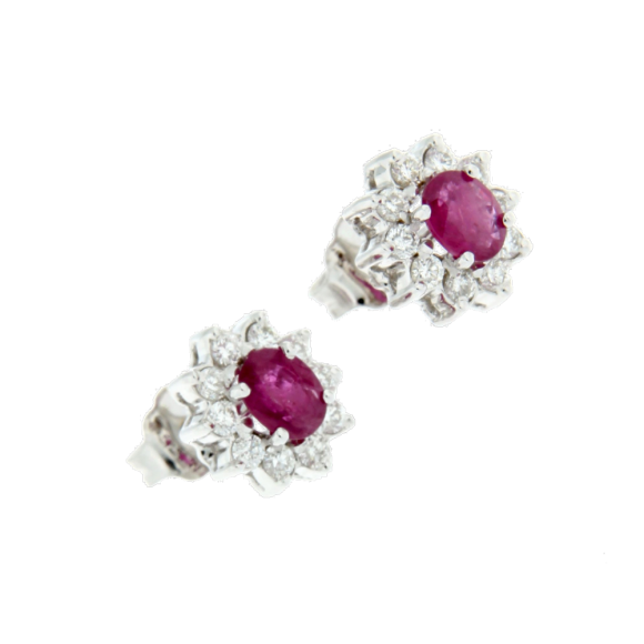 Σκουλαρίκια σε Λευκόχρυσο Κ18 Ροζέτα Οβάλ με Ρουμπίνια και Διαμάντια  