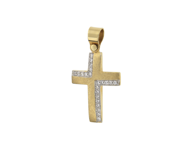 Σταυρός Βάπτισης Για Κορίτσι σε Δίχρωμο Χρυσό 14Κ Ορθογώνιος Ματ & Γυαλιστερό με Ζιργκόν