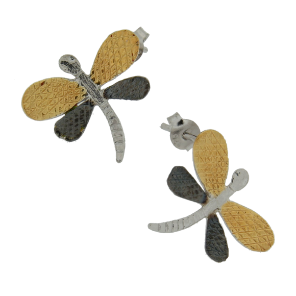 Σκουλαρίκια σε ασήμι 925°, Πεταλούδα τρίχρωμη (κίτρινο, λευκό, μαύρο)