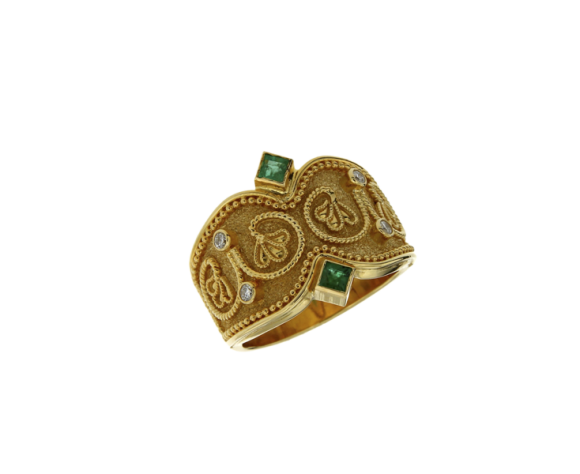Δαχτυλίδι σε Χρυσό 18K Χειροποίητο με κοκκίδωση,  Διαμάντια και Σμαράγδια από τη Συλλογή 