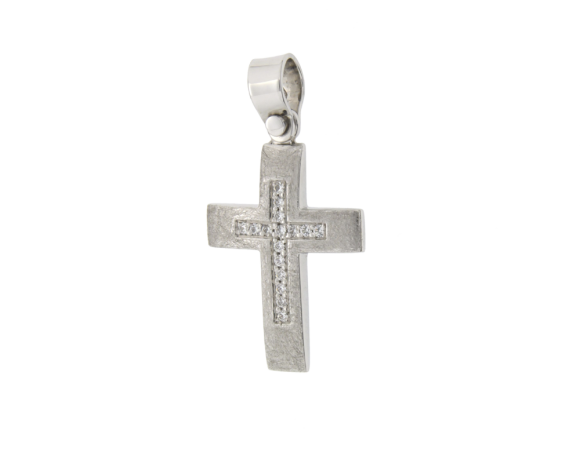 Σταυρός Βάπτισης Για Κορίτσι Λευκόχρυσο Κ14 Ορθογωνιος σατινέ-ματ με Ζιργκόν