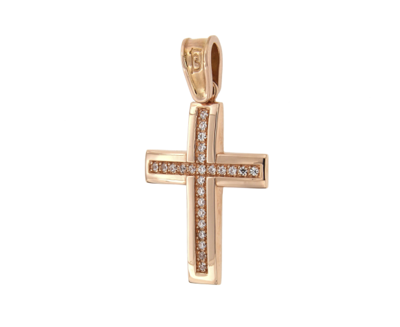 Γυνακείος σταυρός, βαπτιστικός για κορίτσι σε Ροζ Χρυσό 14Κ Ορθογώνιο Γυαλιστερό πομπέ με Ζιργκόν 