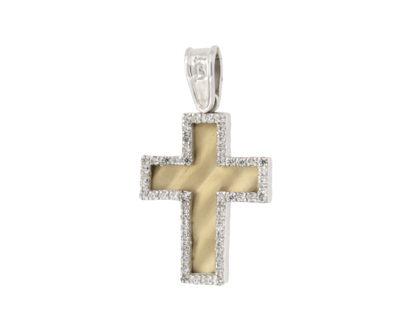 Βαπτιστικοί Σταυροί για Κορίτσι σε Χρυσό & Λευκόχρυσο Κ14 Δύο Όψεων Ματ & γυαλιστερός με Ζιργκόν 