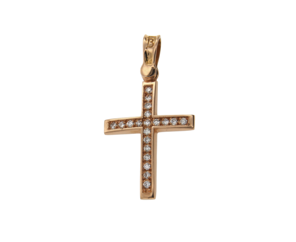 Βαπτιστικός Σταυρός για κορίτσι σε Ροζ Χρυσό 18Κ Ορθογώνιος σειρέ πομπέ Γυαλιστερός με Διαμάντια