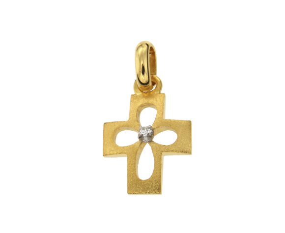 Σταυρός γυναικείος, βαπτιστικός για κορίτσι σε Χρυσό και Λευκόχρυσο 18K Ορθογώνιος ματ & γυαλιστερός με ένα Διαμάντι