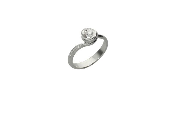 Δαχτυλίδι αρραβώνα γάμου σε λευκόχρυσο 18Κ,  Μονόπετρο στριφτό στρόγγυλο με διαμάντια γύρω από το κέντρο και στο πλάι
