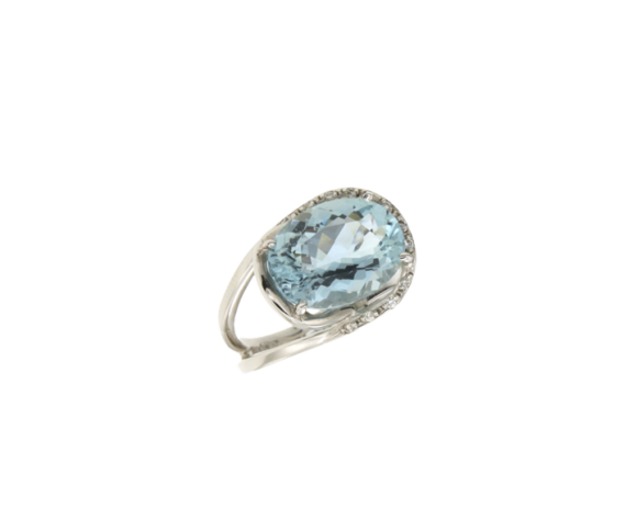 Δαχτυλίδι σε Λευκόχρυσο Κ18 Πολύπετρο με Οβαλ Ακουαμαρίνα σε χιαστί κυκλικό σκελετό και Διαμάντια από τη Συλλογή 