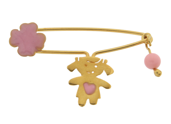Παραμάνα παιδική σε ασήμι 925° επίχρυσο , Κοριτσάκι  και τετράφυλλο τριφύλλι με ροζ σμάλτο και ματάκι μπίλια