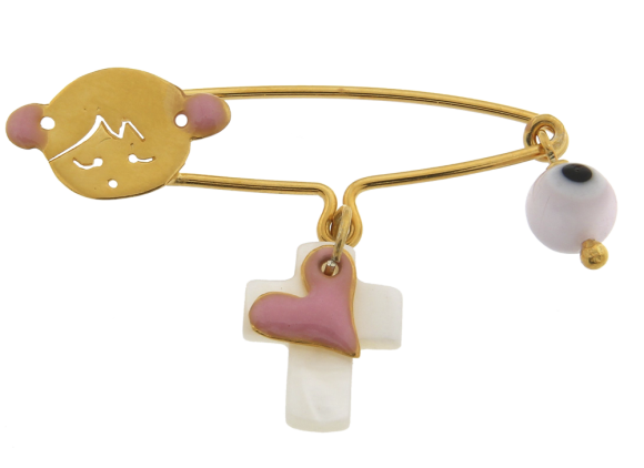 Παραμάνα παιδική σε ασήμι 925° επίχρυσο, Κοριτσάκι (κεφάλι) με ροζ σμάλτο,  κρεμαστό σταυρό από φίλντισι, καρδιά και μάτι  