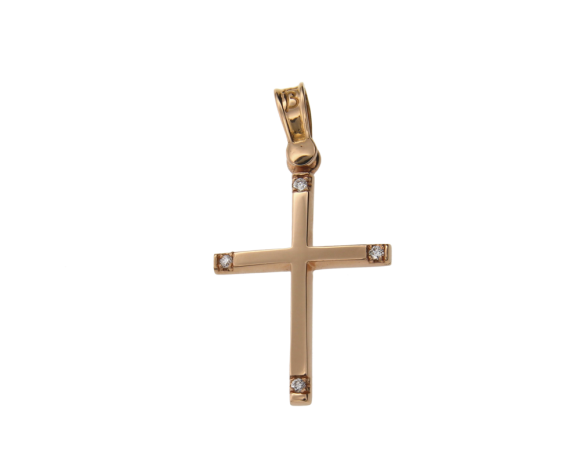 Βαπτιστικός Σταυρός για κορίτσι σε Ροζ Χρυσό 14K Ορθογώνιος λουστρέ με 4 ζιργκόν