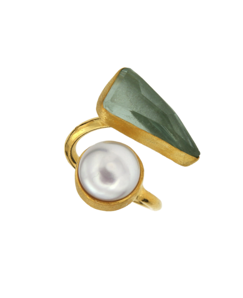 Δαχτυλίδι σε Ασήμι Επίχρυσο 925° χεριοποίητο με πράσινο αμέθυστο και μαργαριτάρι γλυκού νερού button