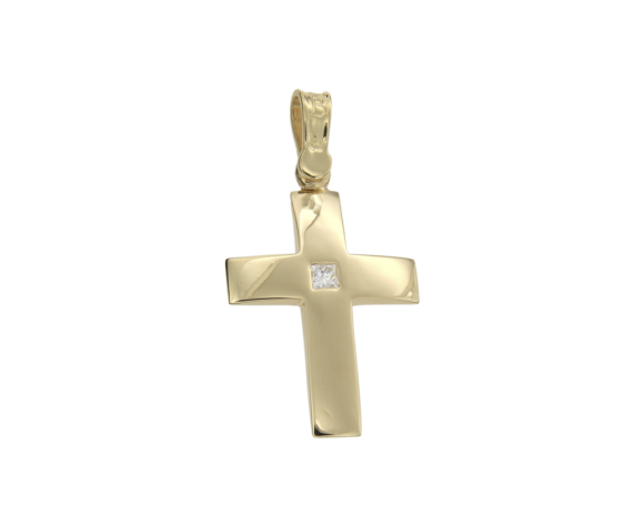 Σταυρός Βάπτισης Για Κορίτσι σε Χρυσό 18K Ορθογώνιος φαρδύς γυαλιστερός με διαμάντι princess cut