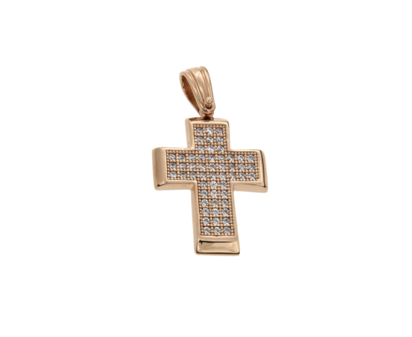 Βαπτιστικός Σταυρός για Κορίτσι σε Ροζ Χρυσό 14K Φαρδύς ορθογώνιος πλακέ με παβέ Ζιργκόν