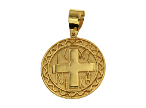 Κωνσταντινάτο σε Χρυσό 14K  Στρόγγυλο με σταυρό φαρδύ και πλαίσιο με σχέδιο