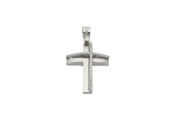 Σταυρός Βάπτισης για Κορίτσι σε λευκόχρυσο 14K Πομπέ κούφιος με έκκεντρο σταυρό με Ζιργκόν  