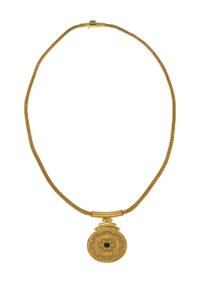 Κολιέ σε Χρυσό 18K Χειροποίητο Οβαλ μοτίφ με Σμαράγδι και πλεκτή αλυσίδα από τη συλλογή 