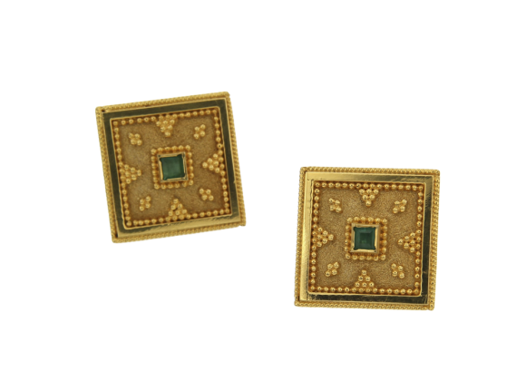 Σκουλαρίκια σε Χρυσό 18K Χειροποίητα Τετράγωνα με φιλιγκρί και Σμαράγδια από τη συλλογή 