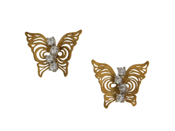 Σκουλαρίκια σε χρυσό & λευκόχρυσο 14Κ πεταλούδες χειροποίητες με ζιργκόν