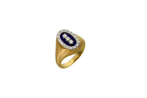 Δαχτυλίδι πολύπετρο σε δίχρωμο χρυσό 18Κ με οβάλ σχήμα διαμάντια και μπλε σμάλτο