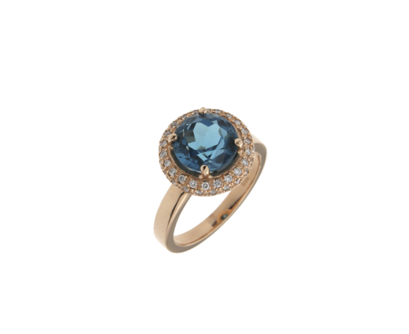 Δαχτυλίδι σε Ροζ Χρυσό 18K Ροζέτα Στρόγγυλη με London blue Topaz και διαμάντια 