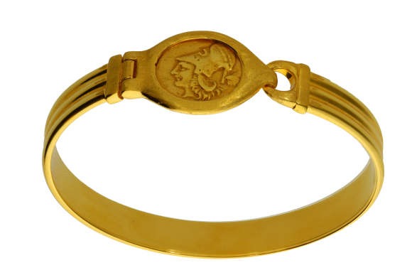 Βραχιόλι σε χρυσό 14Κ χειροπέδα πλακέ ριγωτή με νόμισμα Θεάς Αθηνάς