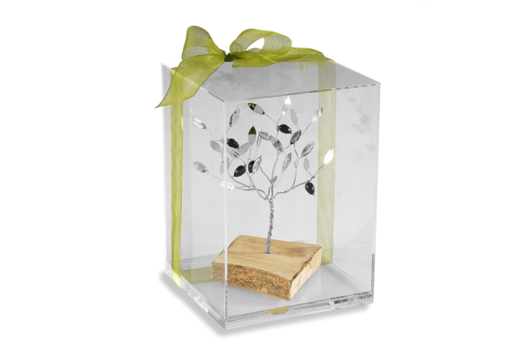 Διακοσμητικό σε ασήμι 925°, Δέντρο ελιάς χειροποίητο, πάνω σε ξύλινη βάση ελιάς και μέσα σε προθήκη από πλέξι γκλας