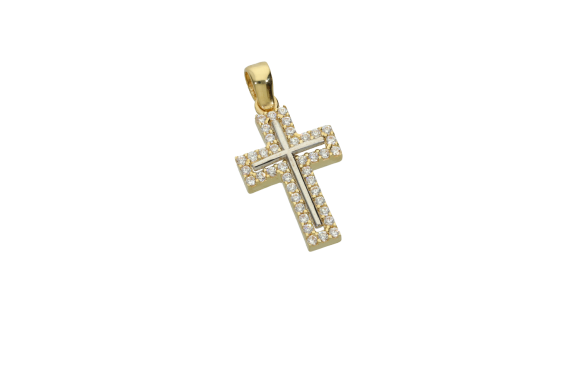 Σταυρός Βάπτισης για κορίτσι σε χρυσό 14Κ ορθογώνιος με ζιργκόν στην περίμετρο του σταυρού