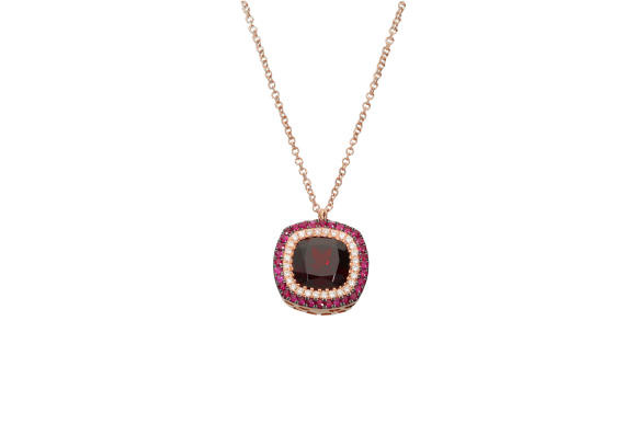 Κολιέ σε ροζ χρυσό 18Κ καρέ με ρουμπίνια, διαμάντια και γρανάδα με αλυσίδα.