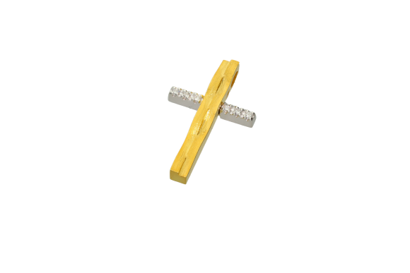 Σταυρός βάφτισης για κορίτσι σε δίχρωμο χρυσό 18Κ Ορθογώνιος ματ διπλό κυματιστό κάθετο στέλεχος και οριζοντιως λευκό με διαμάντια