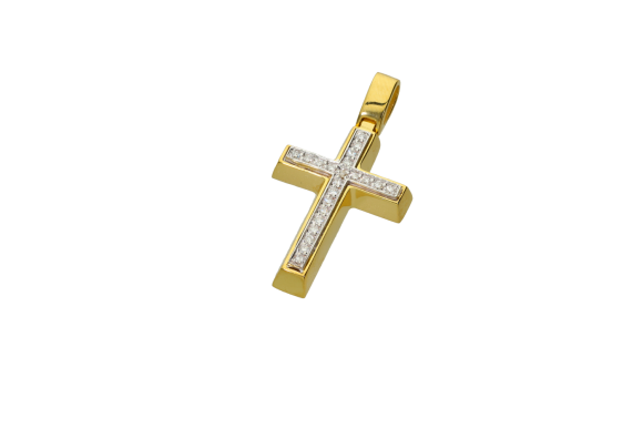 Σταυρός βάφτισης σε δίχρωμο χρυσό 18Κ Ορθογώνιος γυαλιστερός με ένθετο λευκό με διαμάντια
