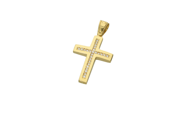 Σταυρός βάπτισης για κορίτσι σε χρυσό 18Κ Ορθογώνιος, πομπέ με λουστρέ πλαίσιο με διαμάντια στο κέντρο.