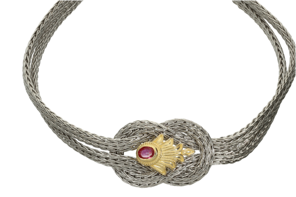 Βραχιόλι σε ασήμι 925° από πλεκτή αλυσίδα με Κόμβο του Ηρακλή και κόκκινο ζιργκον