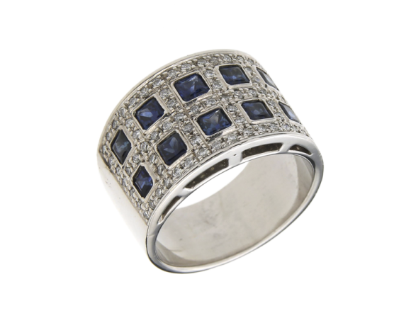 Δαχτυλίδι σε Λευκόχρυσο 18K Πολύπετρο με Διαμάντια και Καρέ Ζαφείρια