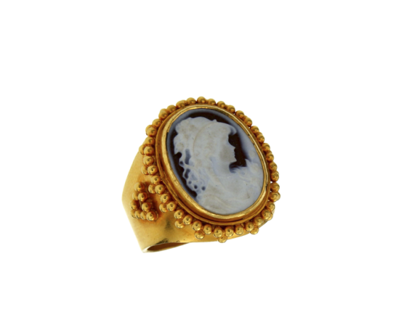 Δαχτυλίδι σε Χρυσό 22K Χειροποίητο με κοκκίδωση και Καμέο από Αχάτη από τη Συλλογή 
