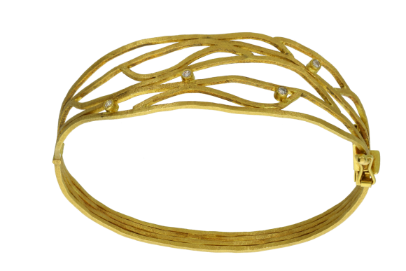 Βραχιόλι σε χρυσό 18Κ χειροποίητη χειροπέδα από τετραγωνισμένα σύρματα και με 4 μπουράκια με διαμάντια