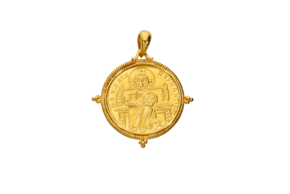 Κωνσταντινάτο σε χρυσό 18K δύο όψεων με στριφτό στεφάνι και γράνες στα άκρα με Παντοκράτωρ και Αγ. Κωνσταντίνο και Αγ. Ελένη