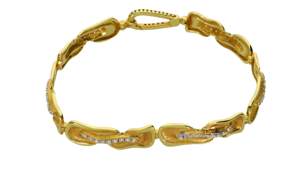 Βραχιόλι σε χρυσό 14Κ με κυματιστά στελέχη με σειρά από ζιργκόν στο κέντρο 