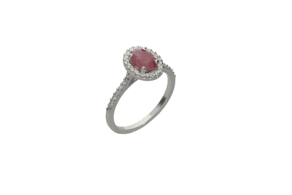Δαχτυλίδι σε λευκόχρυσο 18Κ ροζέτα οβάλ λεπτή με διαμάντια γύρω και στη γάμπα και ένα οβάλ ρουμπίνι