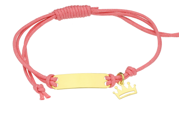 Ταυτότητα παιδική σε χρυσό 14Κ με κορώνα δεμένη σε ροζ κορδόνι