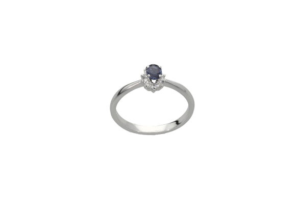 Δαχτυλίδι σε λευκόχρυσο 18Κ Ροζέτακι με μύτες πολύ μίνι οβάλ με ζαφείρι στο κέντρο και γύρω διαμάντια.