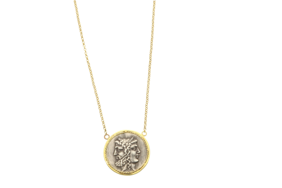 Κολιέ σε ασήμι 925° από τη σειρά Greek Coin με Νόμισμα Τενεδίων σε στεφάνι επίχρυσο με στριφτάρι και αλυσίδα 