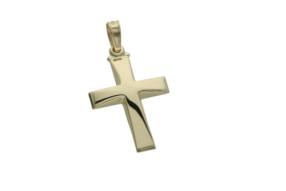 Σταυρός Βάπτισης για αγόρι σε χρυσό 14Κ, ορθογώνιος, στενός, γυαλιστερός πομπέ και στενεύει λίγο προς το κέντρο.